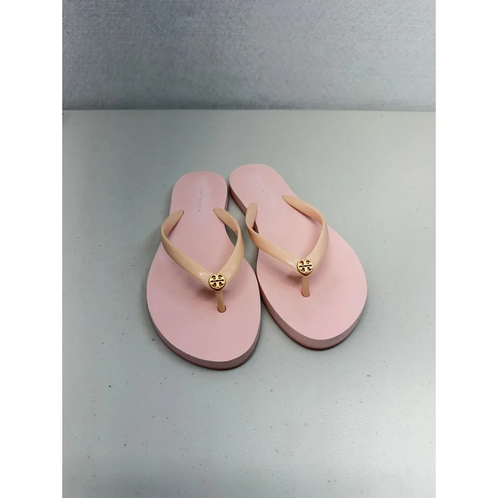 Tory Burch Pink Thin Flip Flop Sandals Gold Logo Medallion Size 5 M